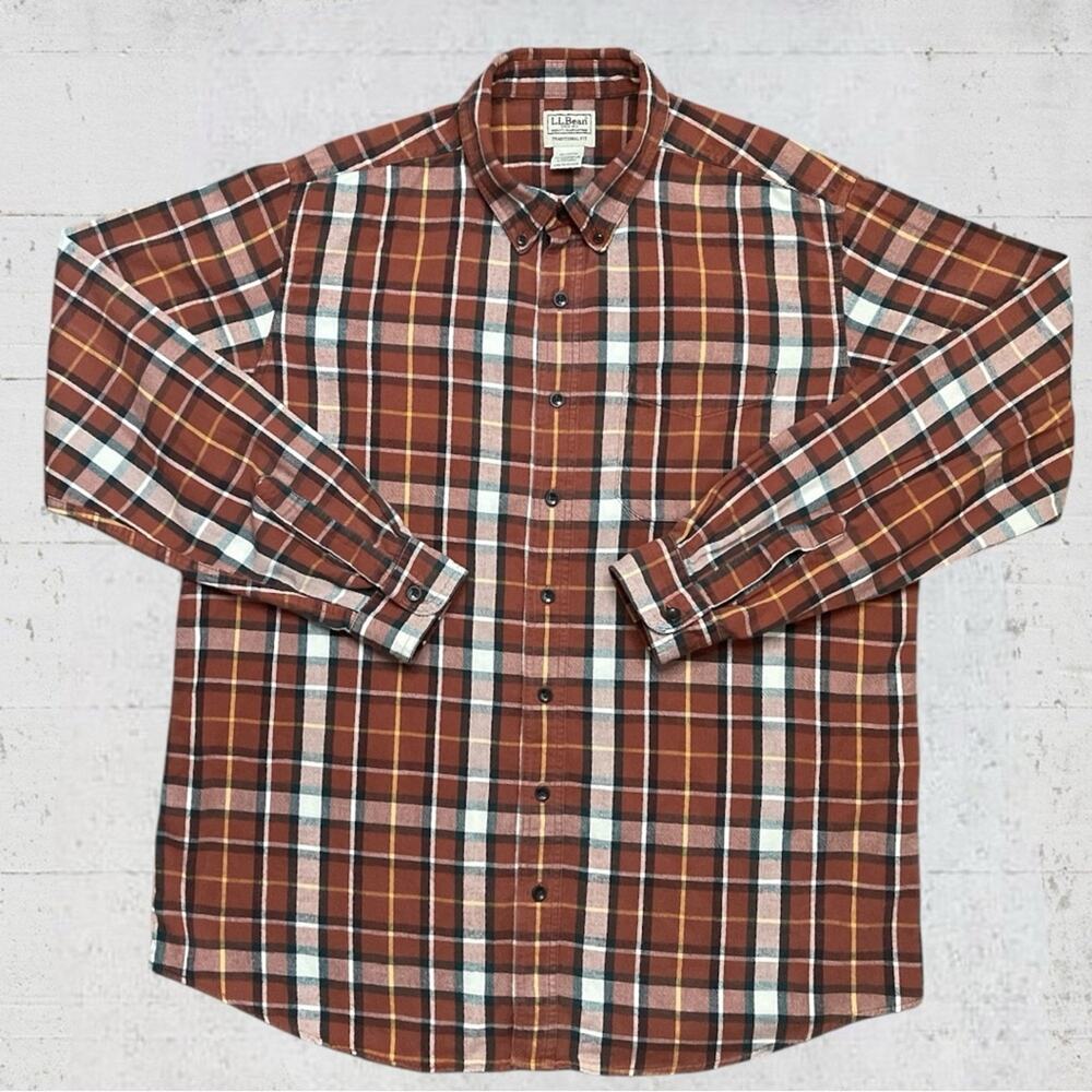 L.L. Bean Men's Scotch Plaid Flannel  Long Sleeve Shirt Rust Size L Tall